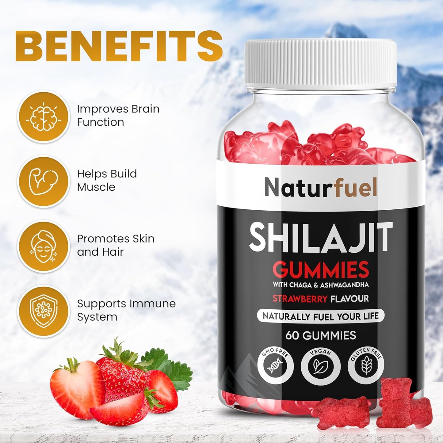 Shilajit Gummies, with Ashwagandha & Chaga, Strawberry Flavour 60 Gummies