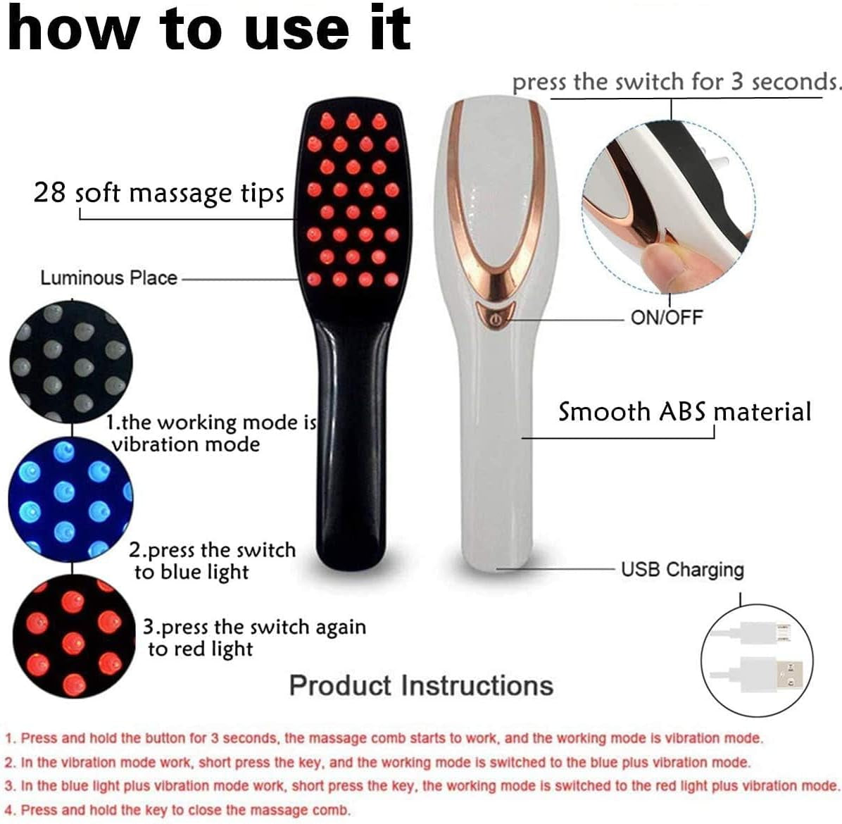 Red Light Therapy Scalp Massager Comb for Hair Growth, with USB 