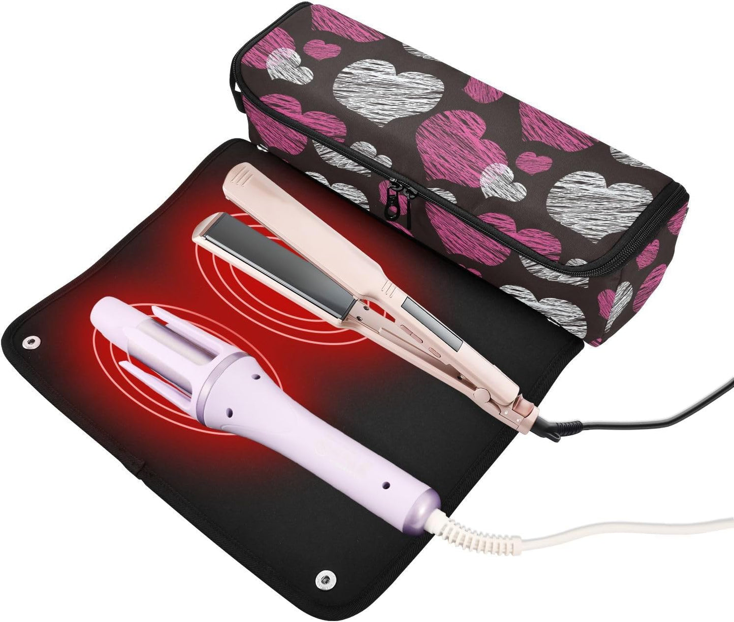 Hair Tools Travel Bag and Heat Resistant Mat Portable Hair Styling Tool Organizer for Flat Irons, Straighteners, Curling Irons, Valentines Day Doodle Peach Hearts White Black Portable Travel