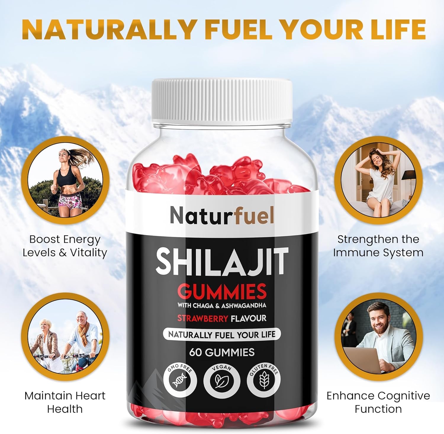 Shilajit Gummies, with Ashwagandha & Chaga, Strawberry Flavour 60 Gummies