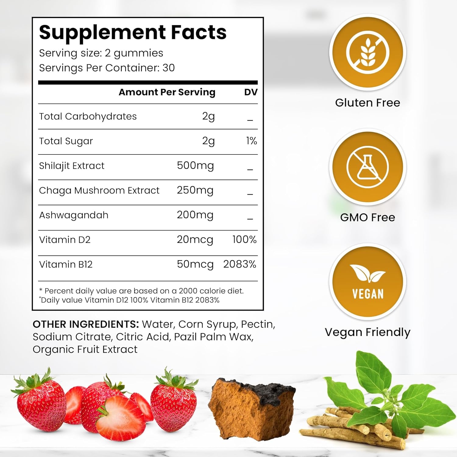 Shilajit Gummies, with Ashwagandha & Chaga, Strawberry Flavour 60 Gummies