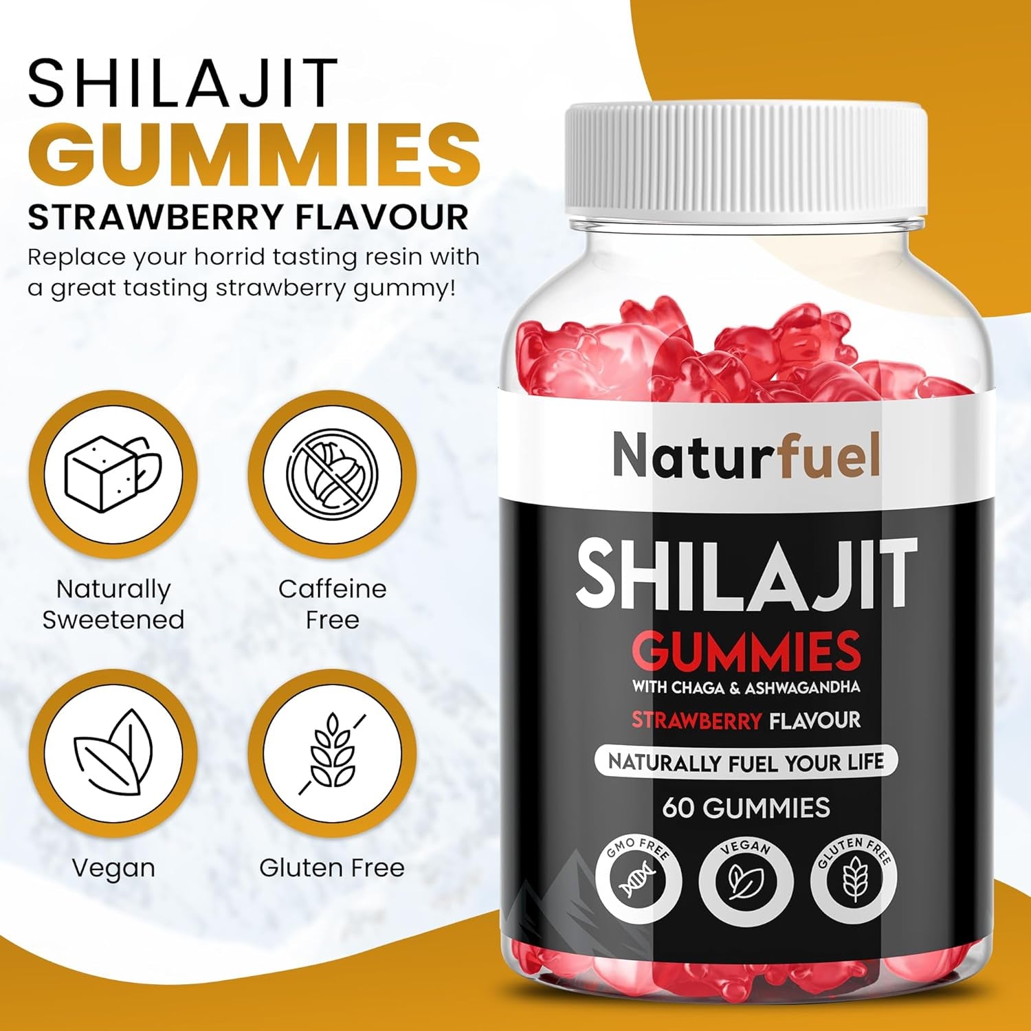 Shilajit Gummies, with Ashwagandha & Chaga, Strawberry Flavour 60 Gummies