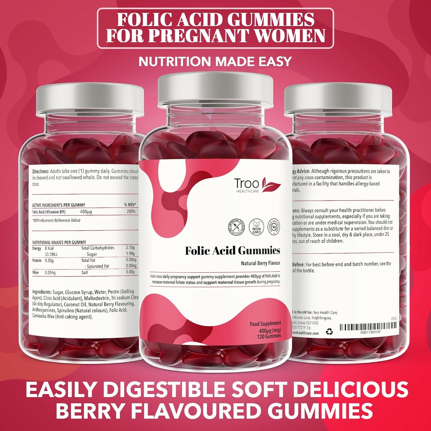 Folic Acid Gummy Supplement - 120 Berry Flavour Gummies 