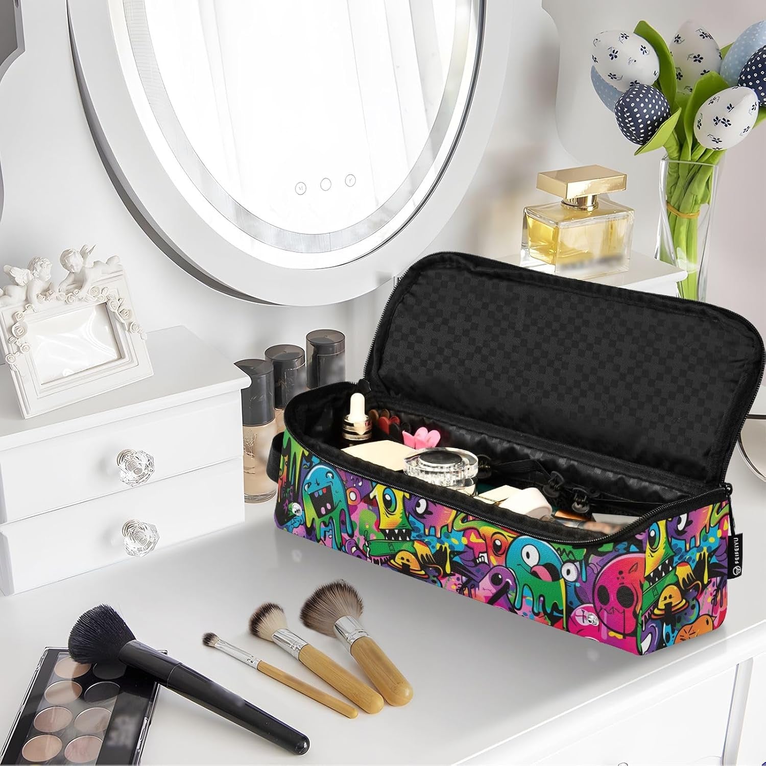 Hair Tool Travel Bag with Removable Heat Resistant Mat Portable Hair Styling Tool Organizer for Curling Iron Straightener Flat Hair Dryer, Graffiti Cartoon Urban Elements Bright Colors