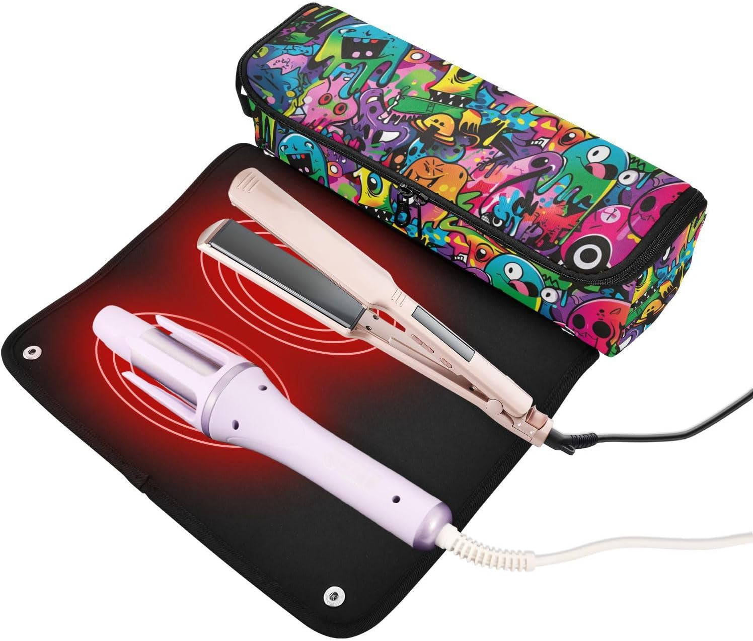 Hair Tool Travel Bag with Removable Heat Resistant Mat Portable Hair Styling Tool Organizer for Curling Iron Straightener Flat Hair Dryer, Graffiti Cartoon Urban Elements Bright Colors