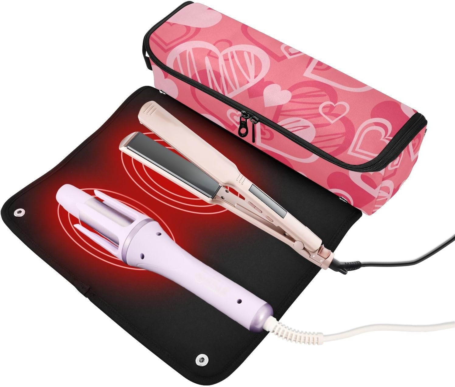 Hair Tools Travel Bag with Removable Heat Resistant Mat Removable Hair Styling Accessories Organizer for Curling Iron Straightener Flat Hair Dryer, Valentines Cute Peach Hearts Funny Travel